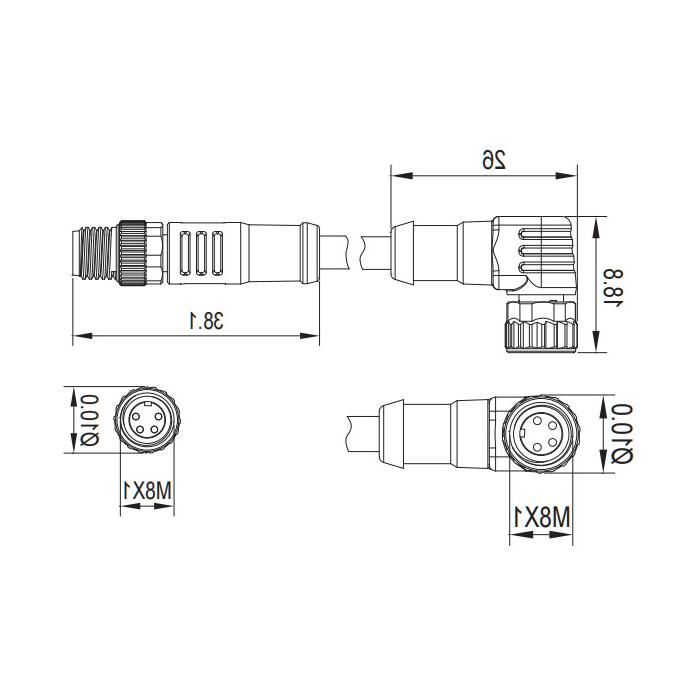 M8 4Pin、母头90°带LED灯转公头直型、双端预铸PVC非柔性电缆、灰色护套、63D183-XXX