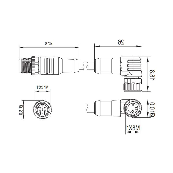 M8转M12 3Pin、M8母头90°带LED灯转M12公头直型、双端预铸PUR柔性电缆、黑色护套、63D241-XXX