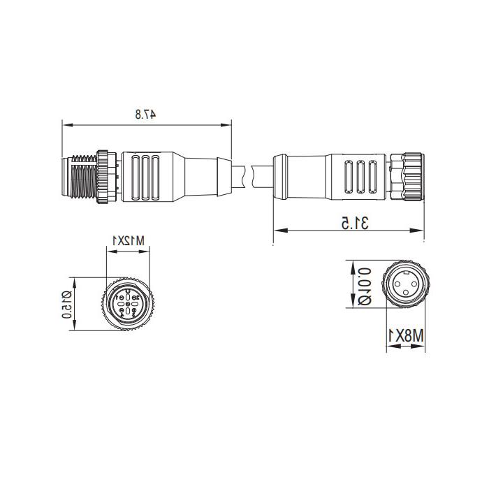 M8转M12 3Pin、M8母头直型转M12公头直型、双端预铸PVC非柔性电缆、灰色护套、63D203-XXX